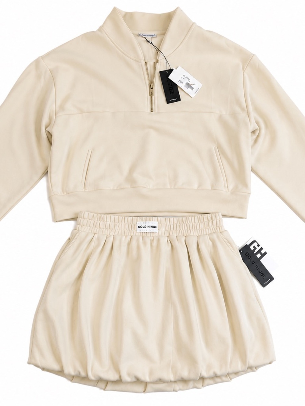 NWT Gold Hinge Cream 2 Piece Lounge Set Pullover & Bubble Hem Skirt Matching